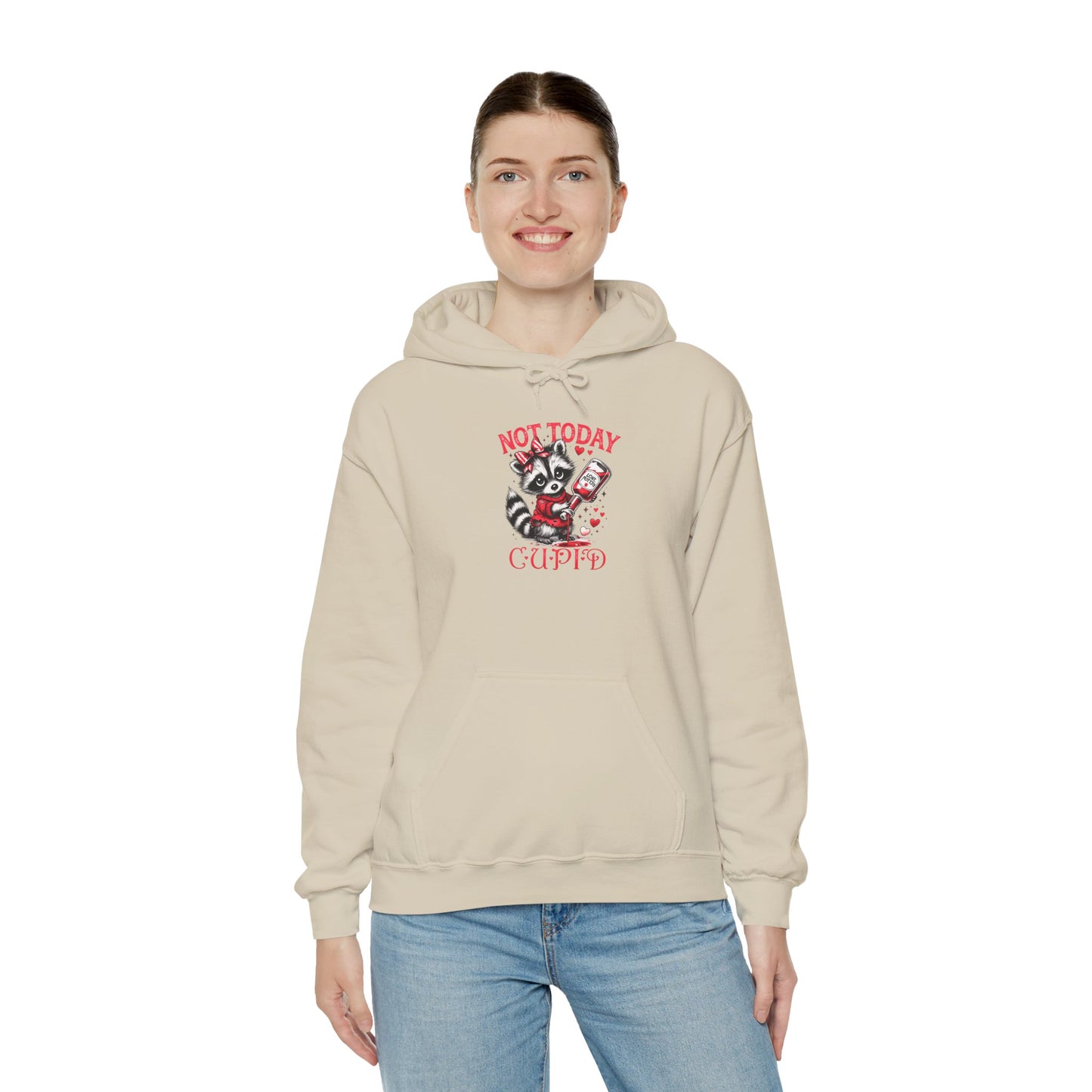 Not Today Cupido Raccoon Hoodie — Funny Valentine Anti-Love Sweatshirt