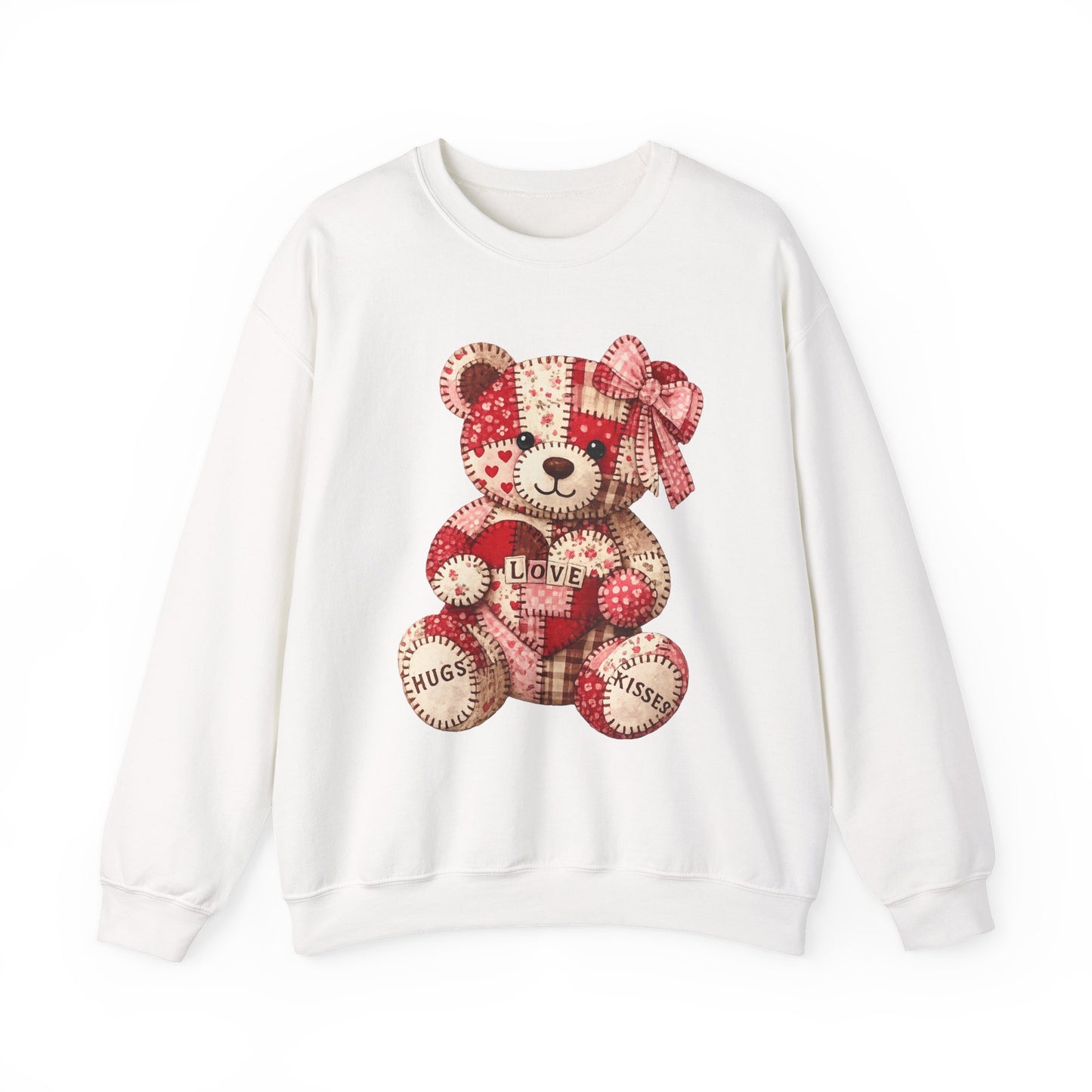 Valentine Patchwork Teddy Sweatshirt — 'Love' Hugs & Kisses Crewneck