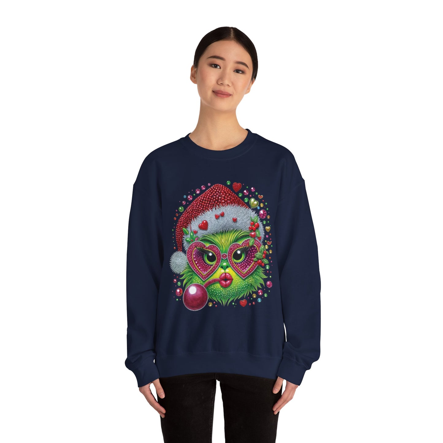 Christmas Grinch Cat Sweatshirt — Festive Santa Hat & Heart Sunglasses Holiday Crewneck