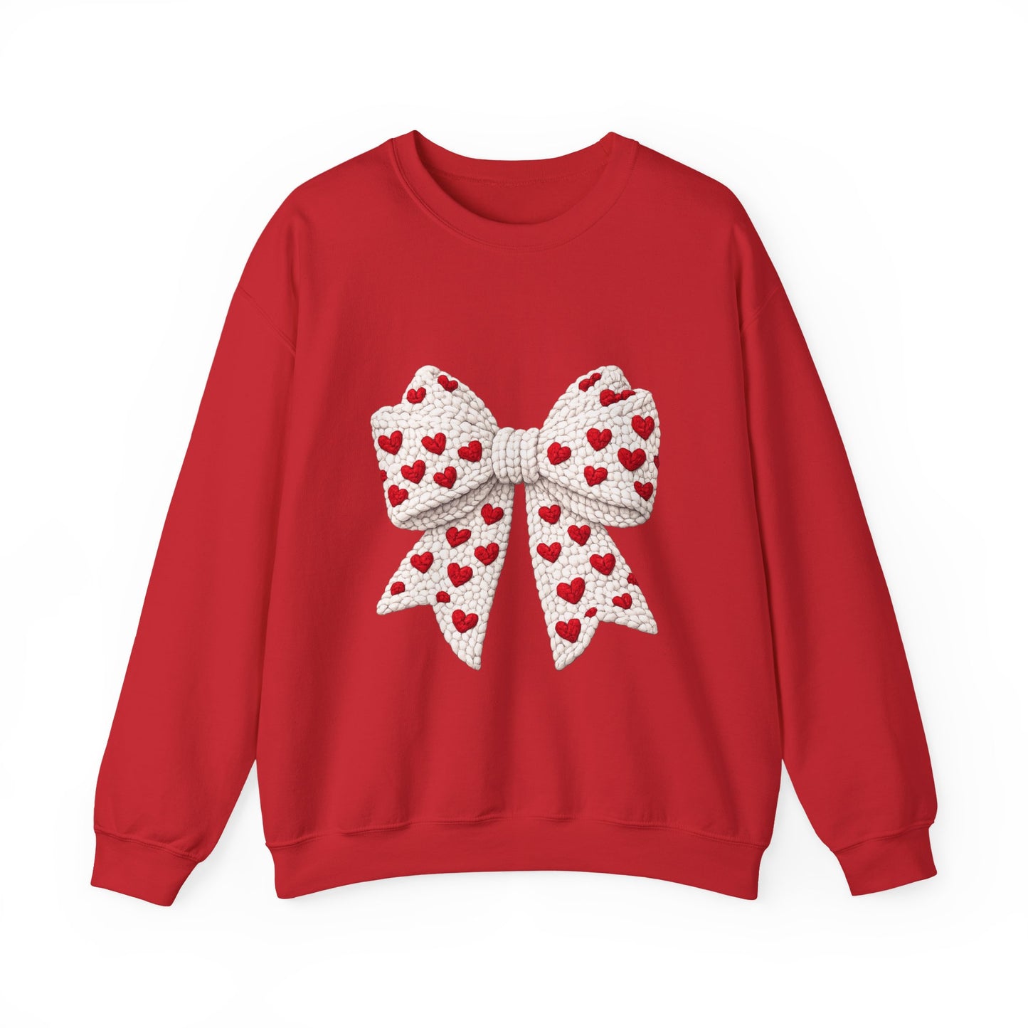 Crewneck Sweatshirt — Knit Heart Bow Graphic (Valentine’s Day, Cute Cozy Pullover)