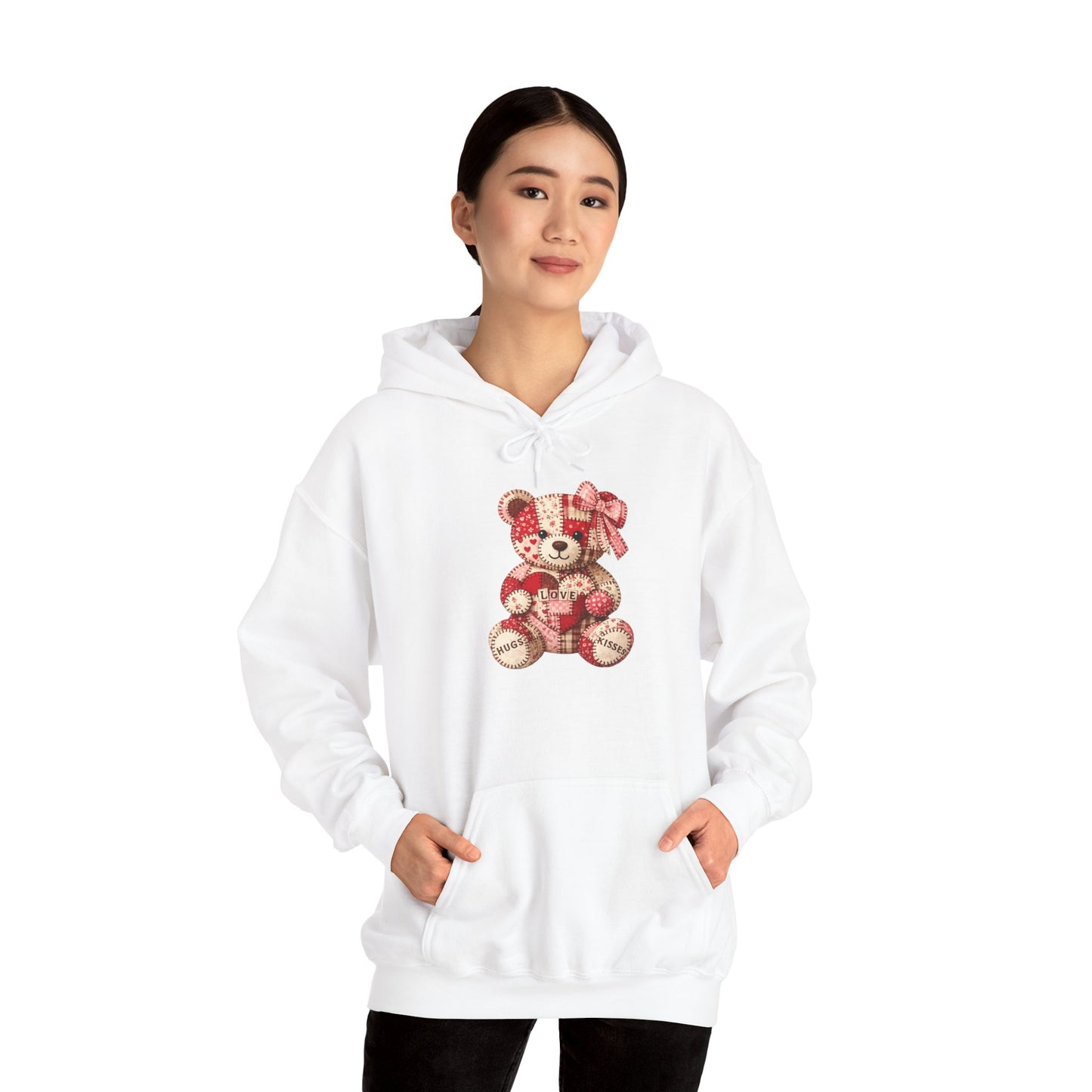 Teddy Bear Hoodie — Vintage Patchwork Bear Design with Bow