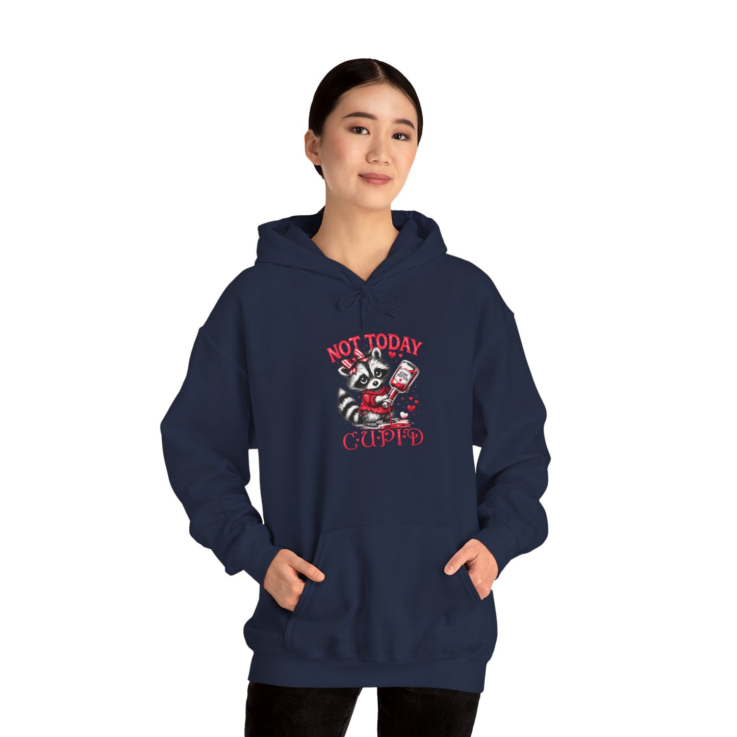 Not Today Cupido Raccoon Hoodie — Funny Valentine Anti-Love Sweatshirt