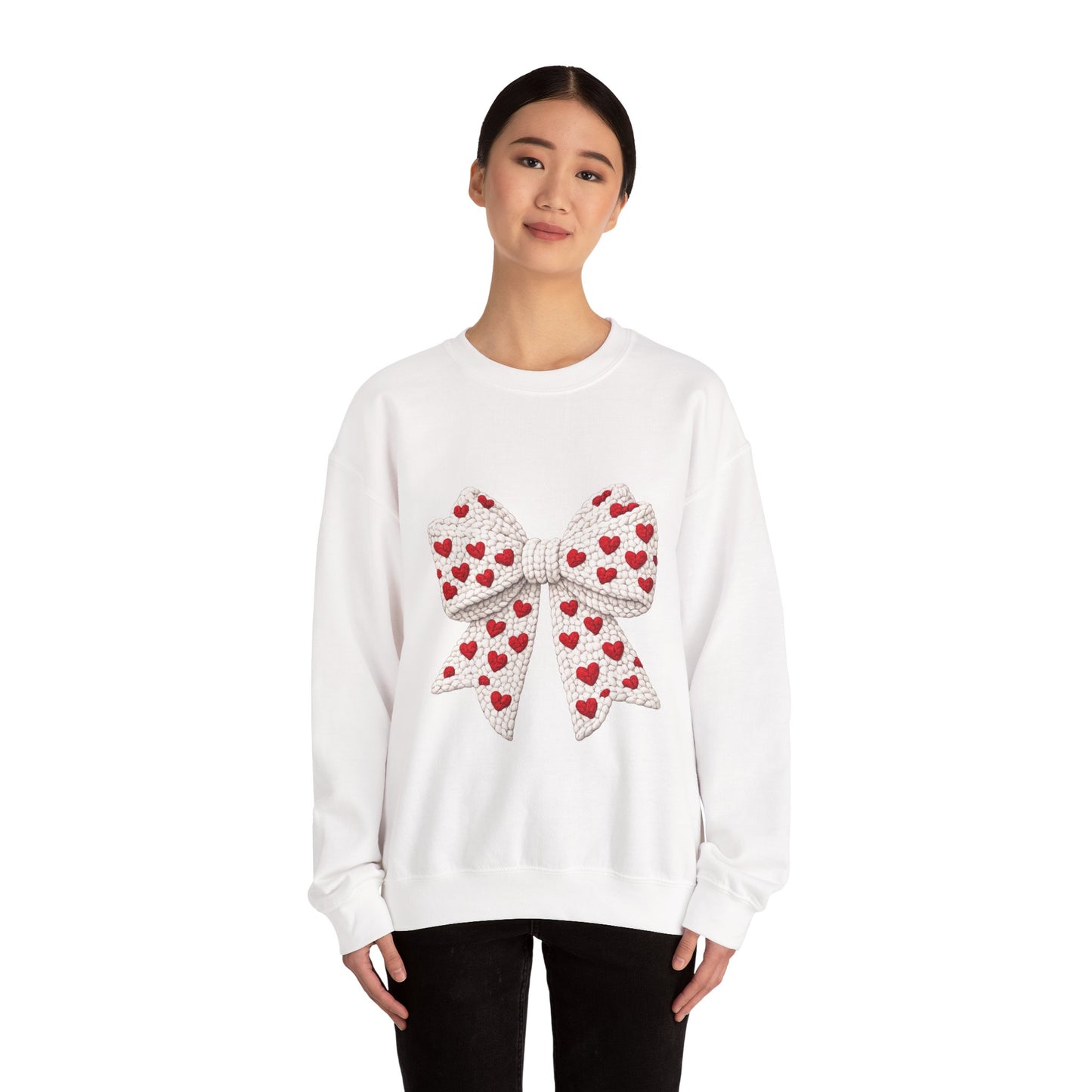 Crewneck Sweatshirt — Knit Heart Bow Graphic (Valentine’s Day, Cute Cozy Pullover)
