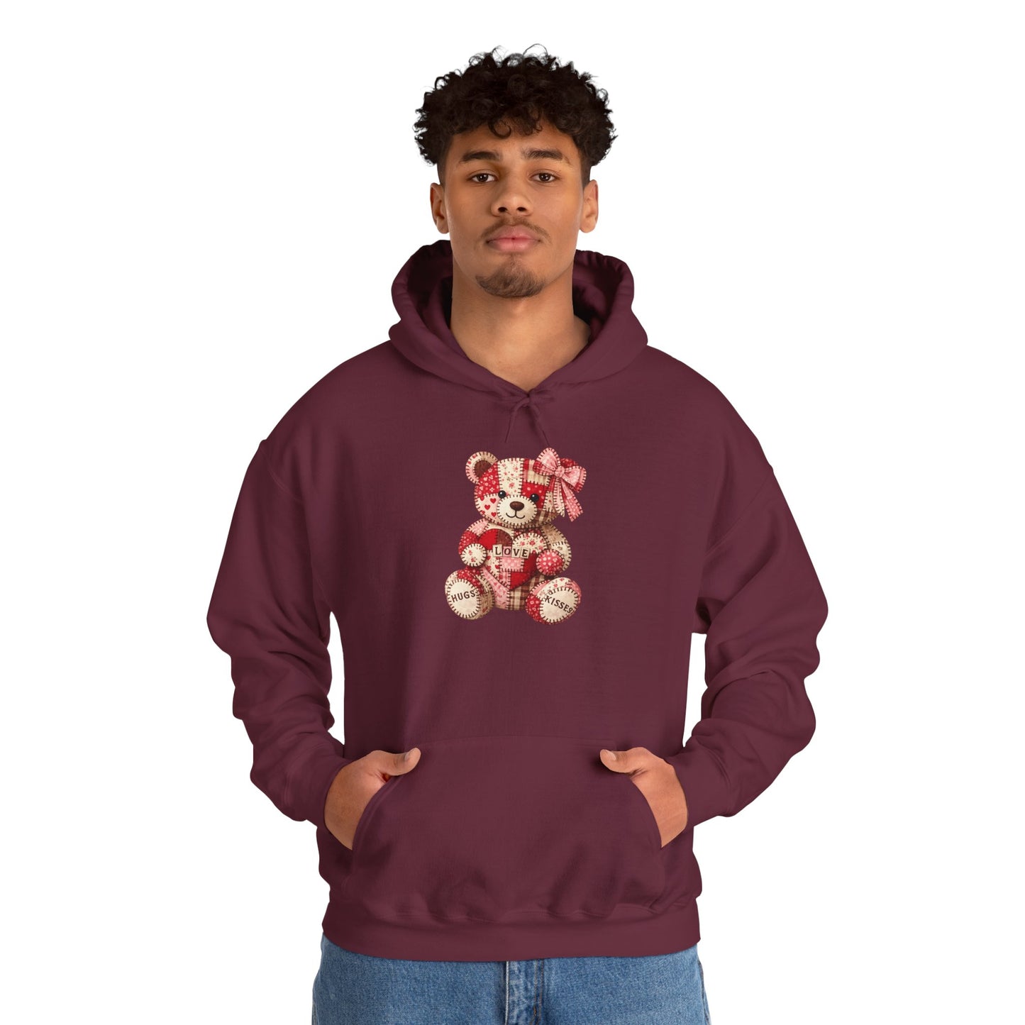 Teddy Bear Hoodie — Vintage Patchwork Bear Design with Bow