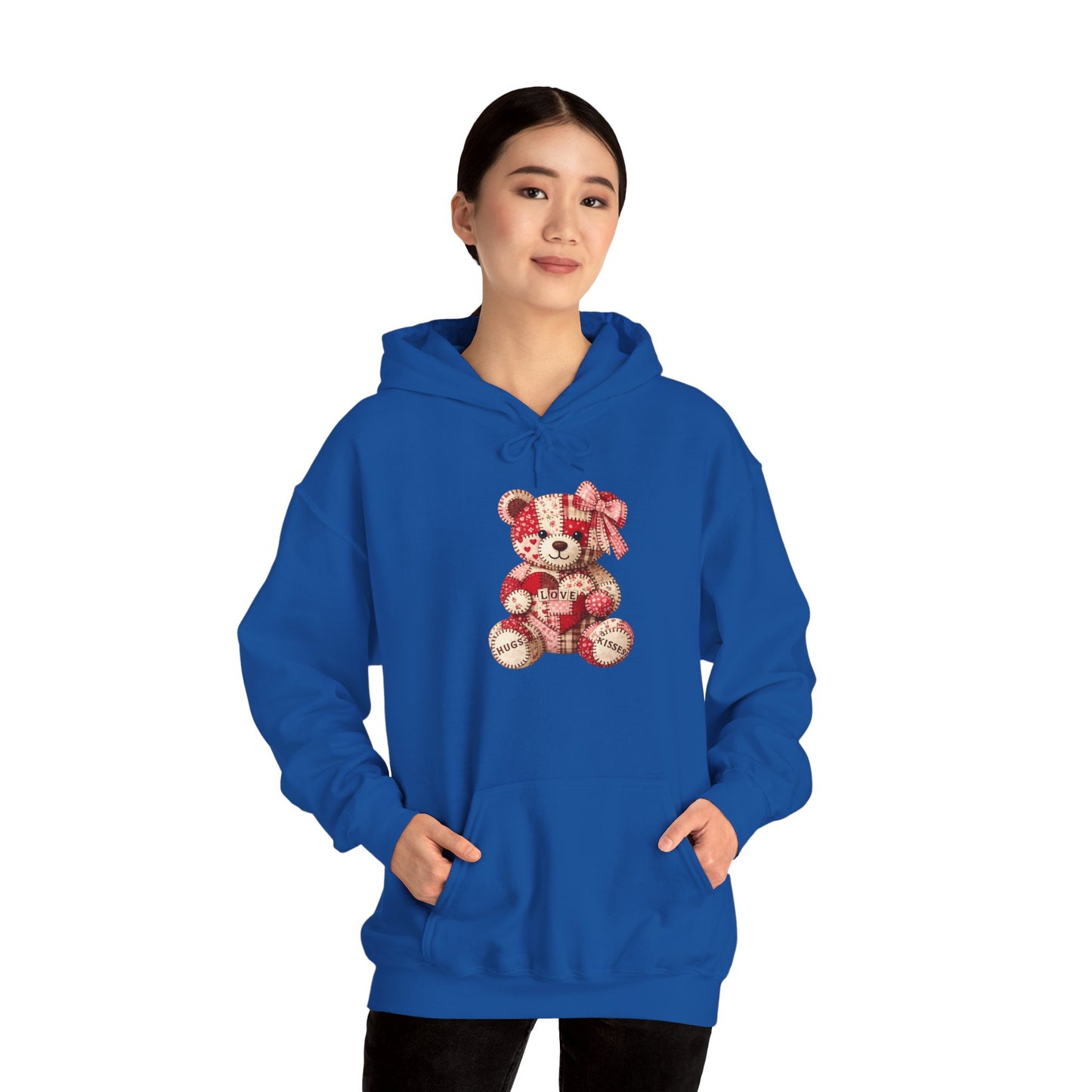 Teddy Bear Hoodie — Vintage Patchwork Bear Design with Bow