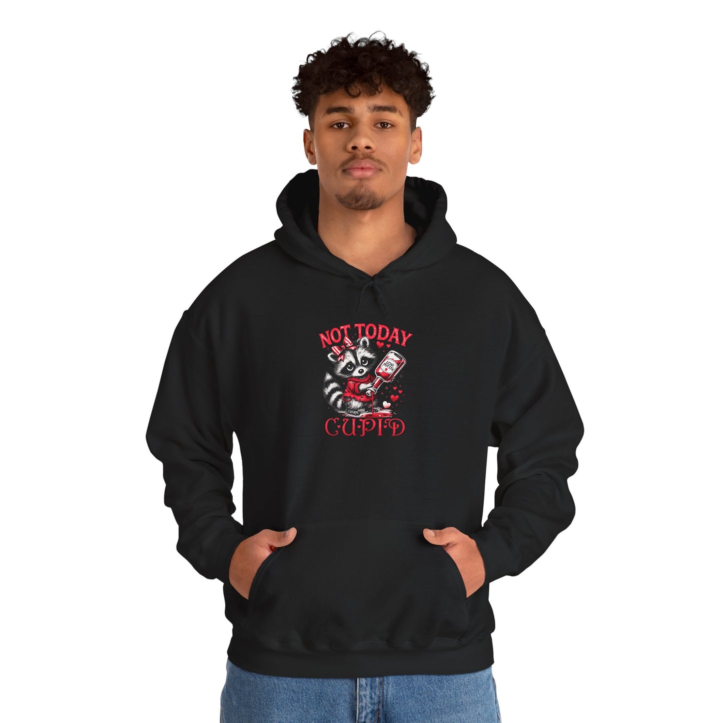 Not Today Cupido Raccoon Hoodie — Funny Valentine Anti-Love Sweatshirt