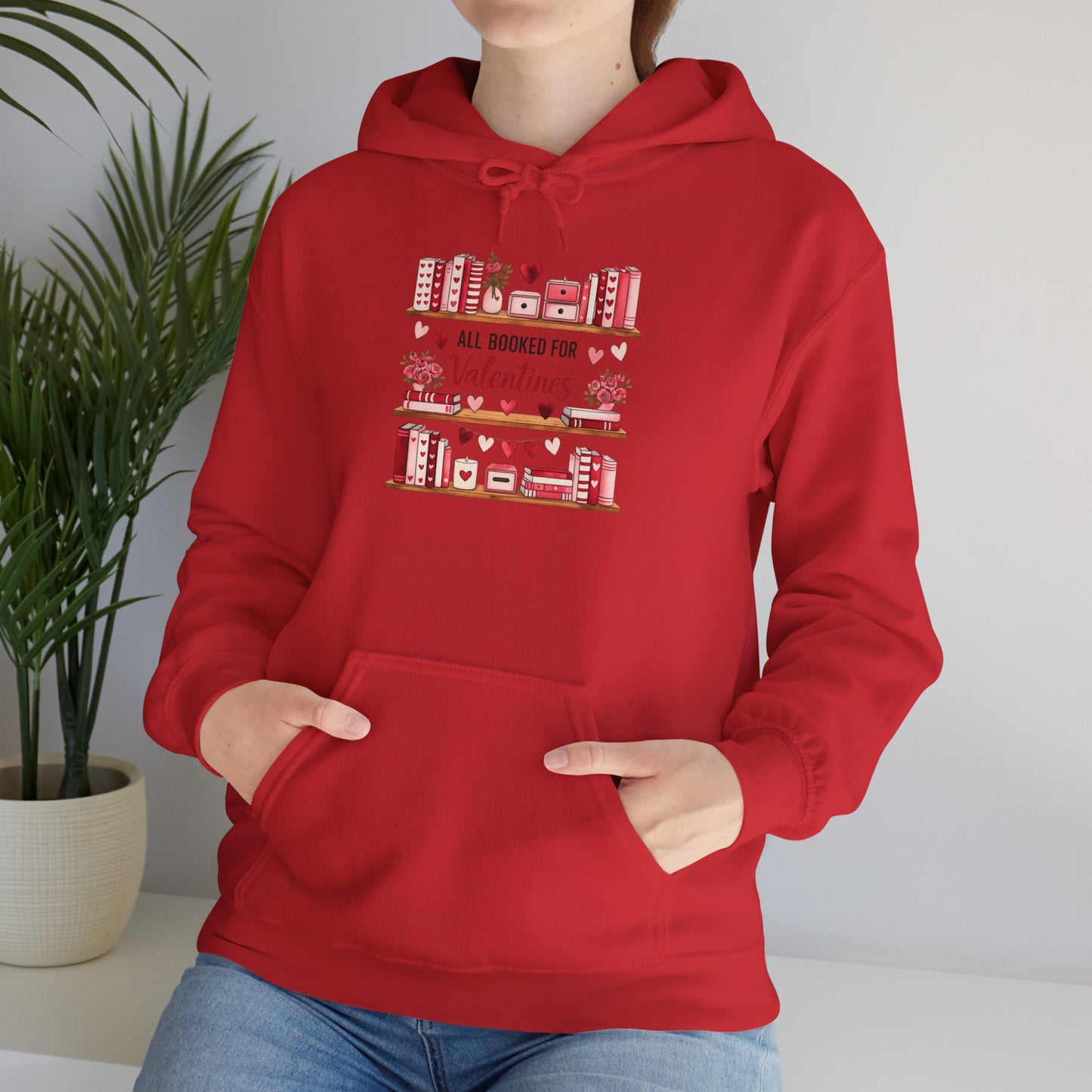 Valentine’s Day Cozy Hoodie – “All Booked for Valentine’s” Cute Bookshop Graphic