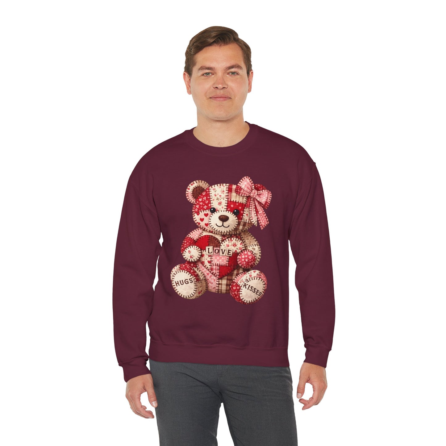 Valentine Patchwork Teddy Sweatshirt — 'Love' Hugs & Kisses Crewneck