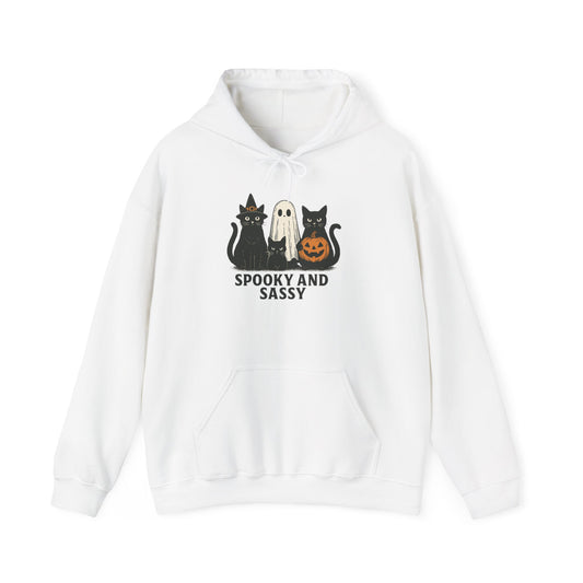 Spooky and Sassy Hoodie, Halloween Hoodie, Unisex Fall Apparel, Cozy Cat Ghost Wear, Perfect for Fall Festivities