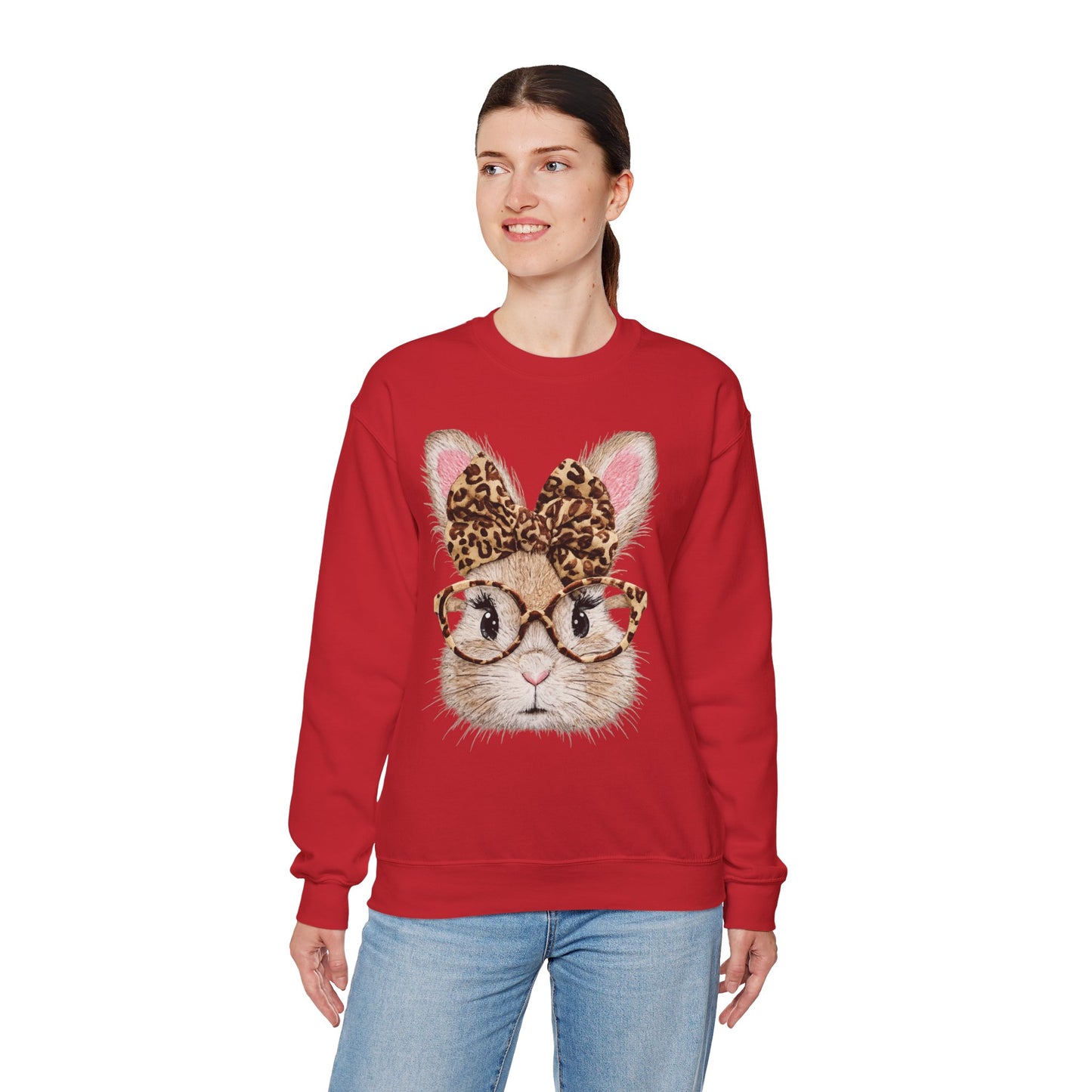 Bunny with Leopard Bow Sweatshirt – Cute Bunny Face with Glasses Graphic Crewneck