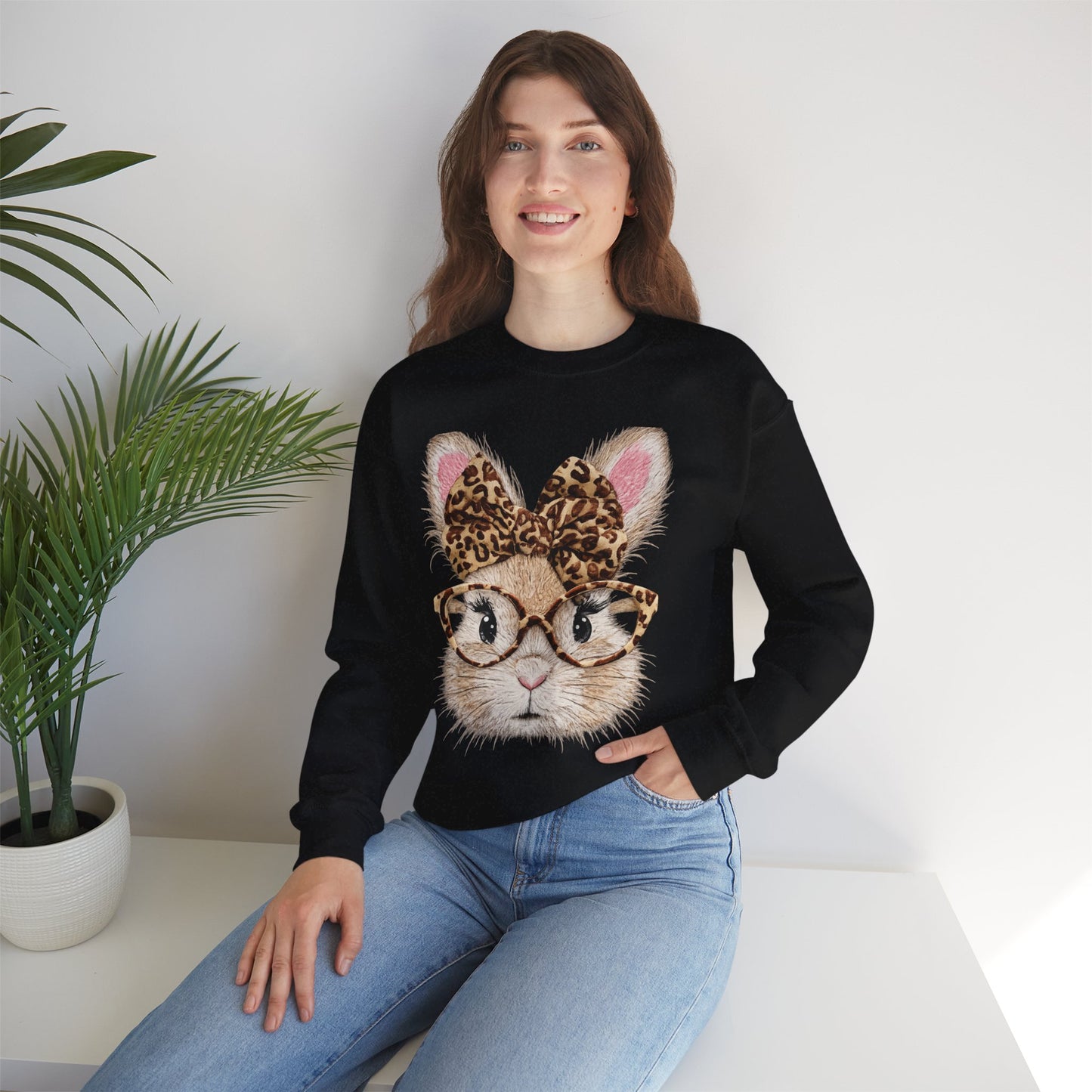 Bunny with Leopard Bow Sweatshirt – Cute Bunny Face with Glasses Graphic Crewneck