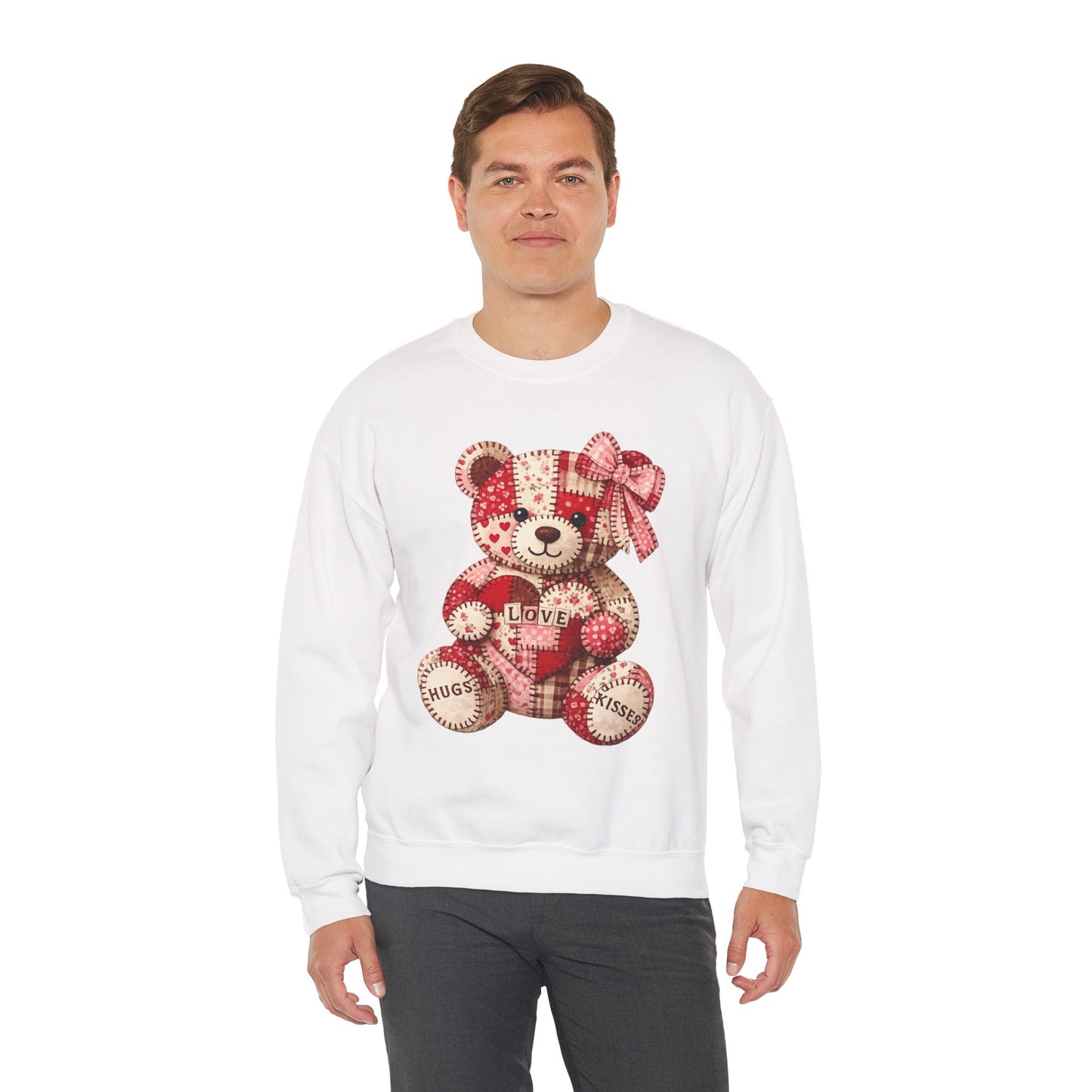 Valentine Patchwork Teddy Sweatshirt — 'Love' Hugs & Kisses Crewneck