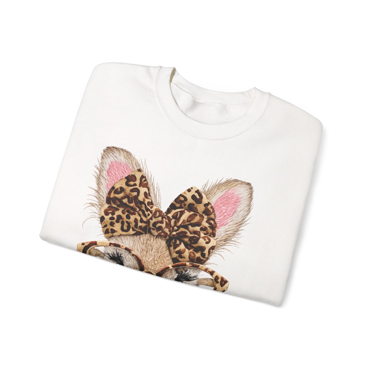 Bunny with Leopard Bow Sweatshirt – Cute Bunny Face with Glasses Graphic Crewneck