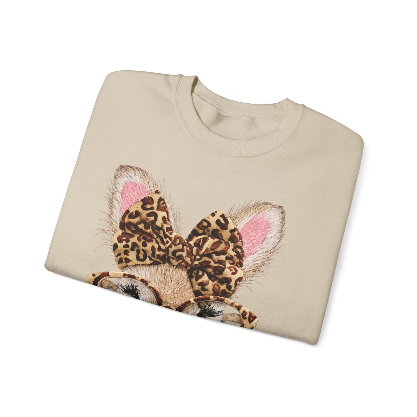 Bunny with Leopard Bow Sweatshirt – Cute Bunny Face with Glasses Graphic Crewneck