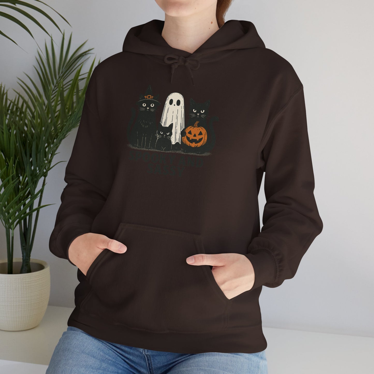 Spooky and Sassy Hoodie, Halloween Hoodie, Unisex Fall Apparel, Cozy Cat Ghost Wear, Perfect for Fall Festivities