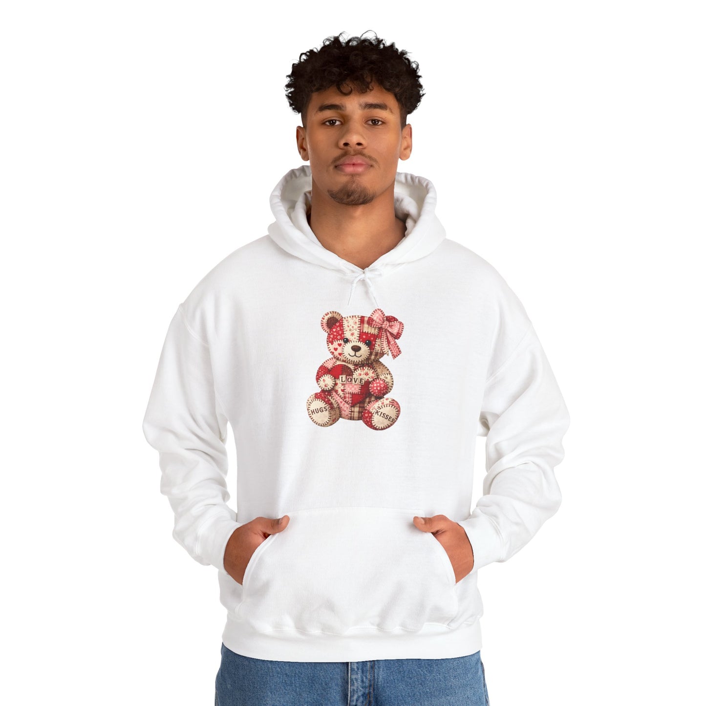 Teddy Bear Hoodie — Vintage Patchwork Bear Design with Bow