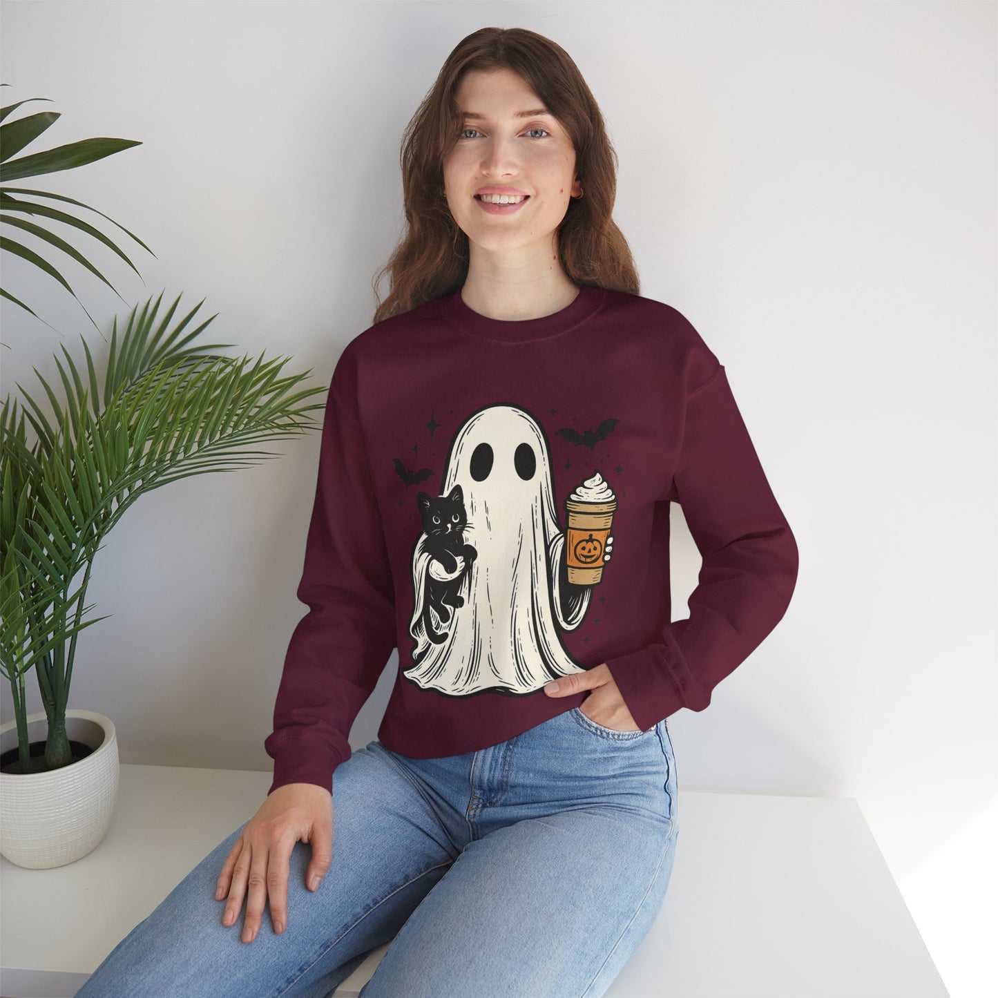 Ghostly Cuddle Sweatshirt - Cozy Unisex Crewneck, Halloween Apparel, Fall Fashion, Spooky Season, Cat Lover Gift