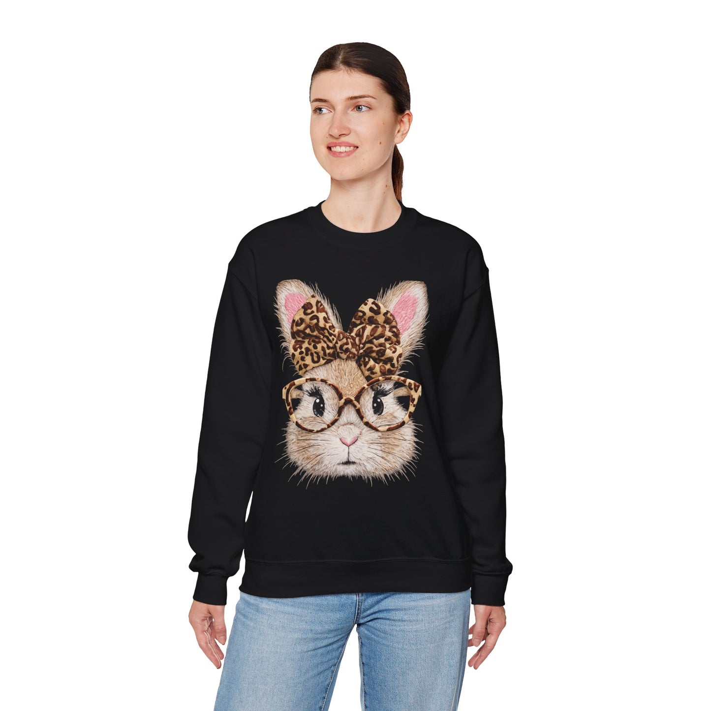 Bunny with Leopard Bow Sweatshirt – Cute Bunny Face with Glasses Graphic Crewneck