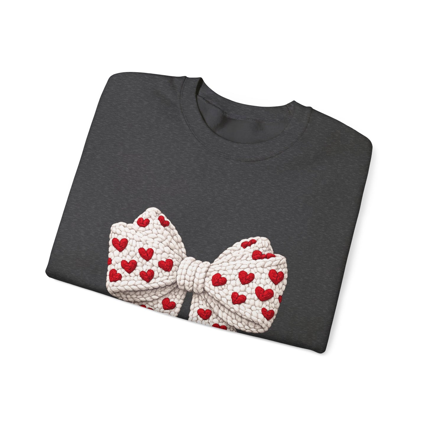 Crewneck Sweatshirt — Knit Heart Bow Graphic (Valentine’s Day, Cute Cozy Pullover)