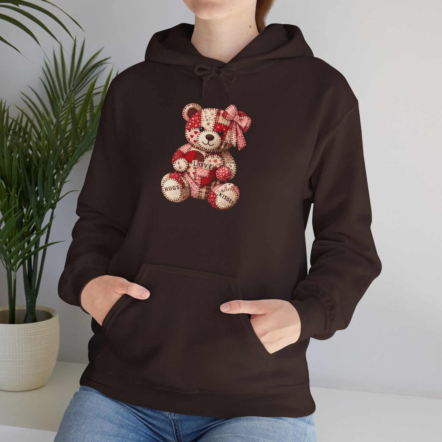 Teddy Bear Hoodie — Vintage Patchwork Bear Design with Bow