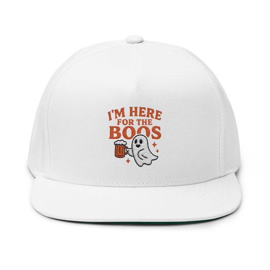 Halloween Flat Bill Cap - I'm Here for the Boos, Ghost Hat, Spooky Apparel, Festive Cap, Halloween Costume Accessory