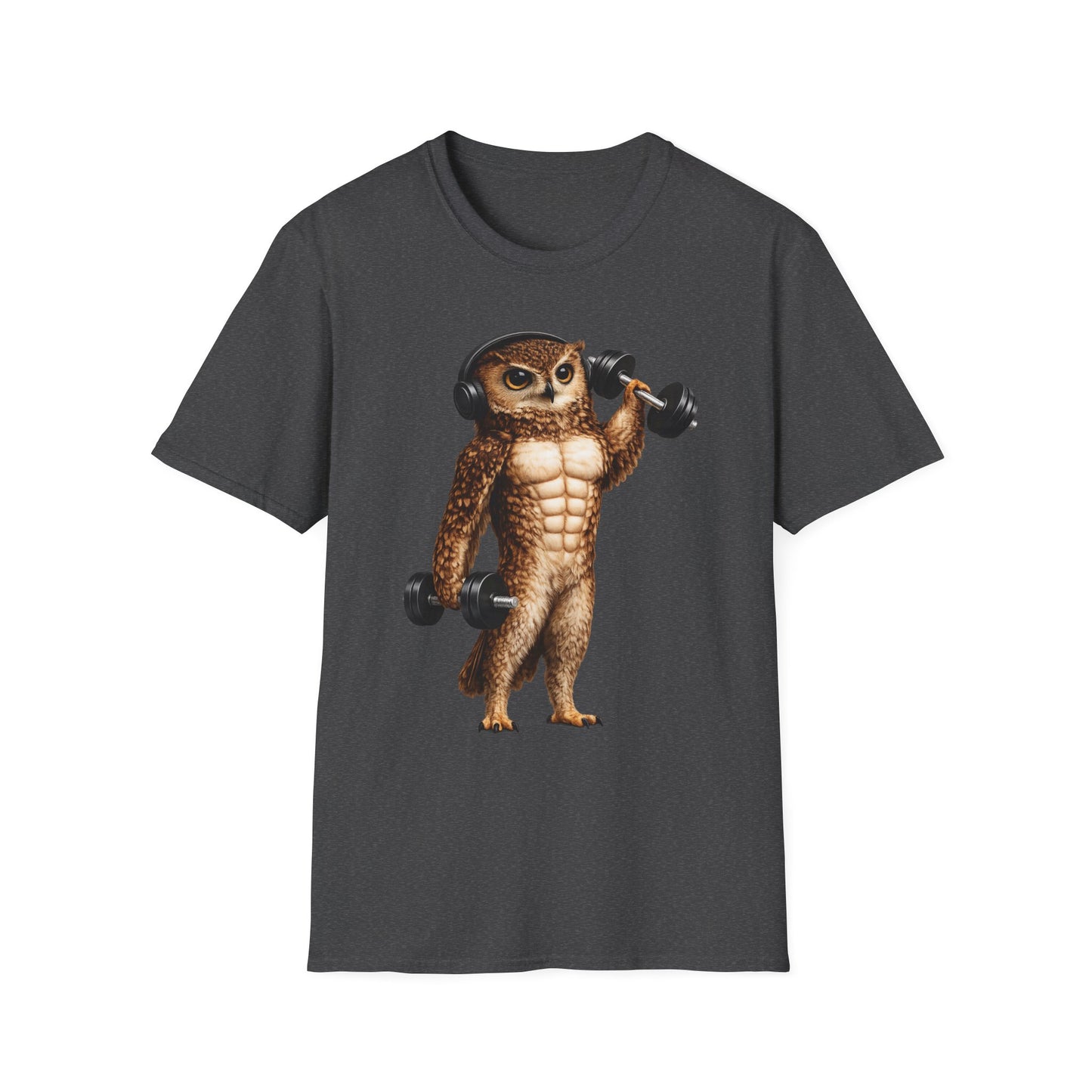 Fitness Owl T-Shirt — Muscular Owl Lifting Dumbbells Graphic Tee
