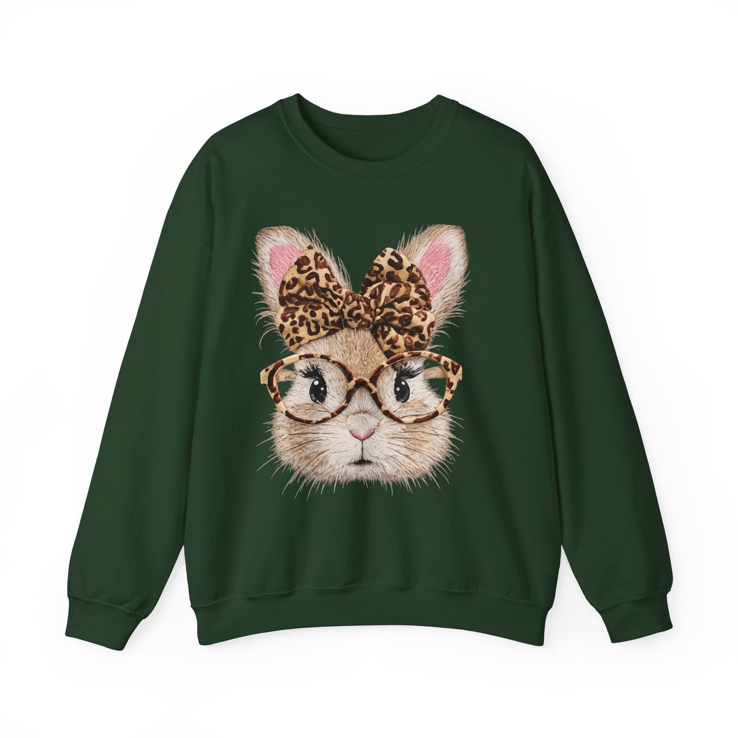 Bunny with Leopard Bow Sweatshirt – Cute Bunny Face with Glasses Graphic Crewneck