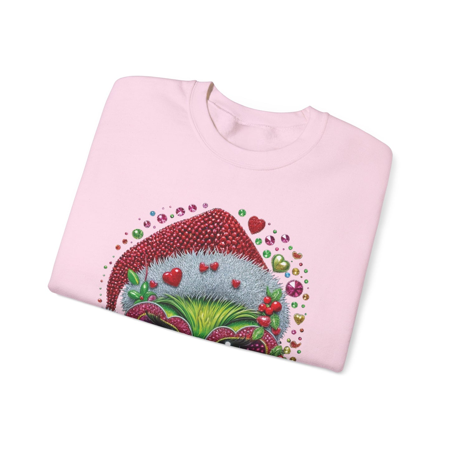 Christmas Grinch Cat Sweatshirt — Festive Santa Hat & Heart Sunglasses Holiday Crewneck