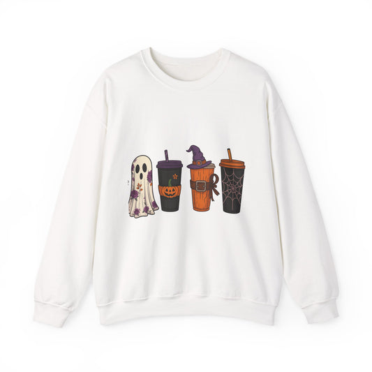 Halloween Ghost & Drink Crewneck Sweatshirt, Cozy Sweatshirt, Fall Fashion, Halloween Gift, Unisex Pullover, Spooky Season Apparel
