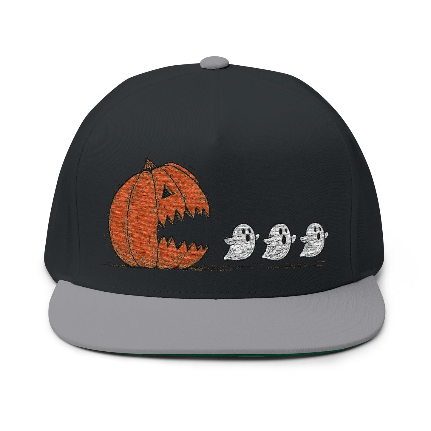 Halloween Pumpkin Ghost Flat Bill Cap, Spooky Hat, Embroidered Cap for Trick-or-Treat, Fun Costume Accessory, Fall Fashion, Gifting Ideas