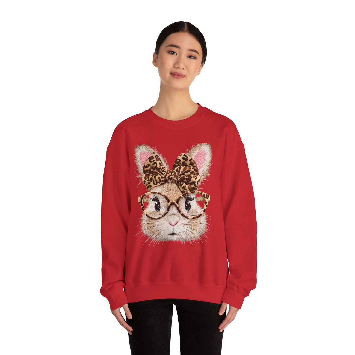 Bunny with Leopard Bow Sweatshirt – Cute Bunny Face with Glasses Graphic Crewneck