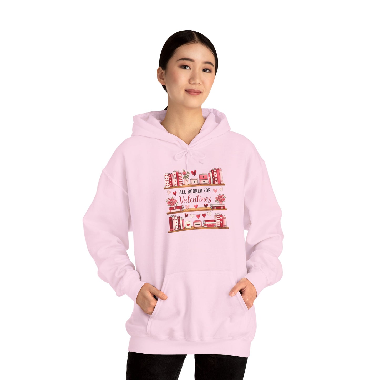 Valentine’s Day Cozy Hoodie – “All Booked for Valentine’s” Cute Bookshop Graphic
