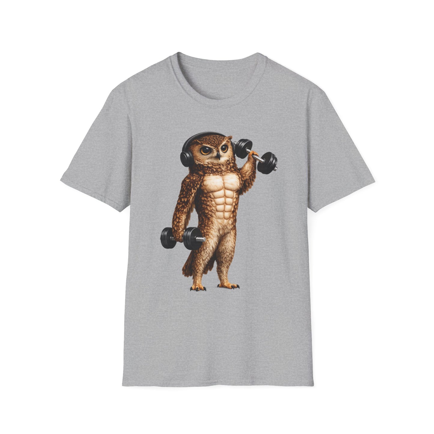 Fitness Owl T-Shirt — Muscular Owl Lifting Dumbbells Graphic Tee