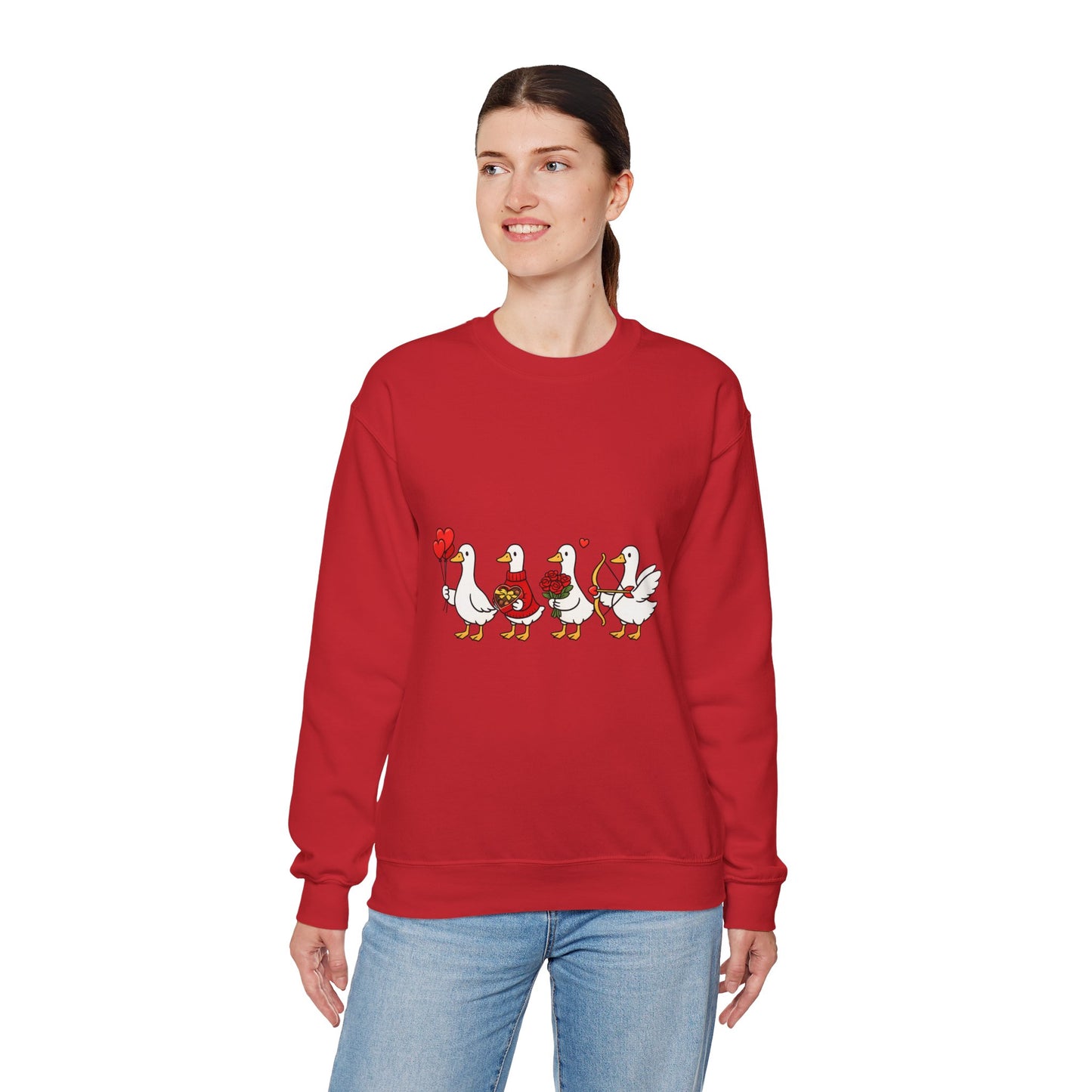 Geese Parade Crewneck Sweatshirt – Cute Valentine Ducks Holding Hearts Graphic