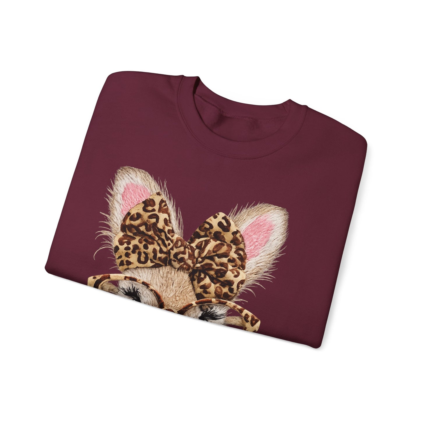 Bunny with Leopard Bow Sweatshirt – Cute Bunny Face with Glasses Graphic Crewneck