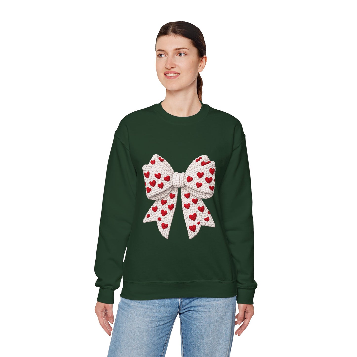 Crewneck Sweatshirt — Knit Heart Bow Graphic (Valentine’s Day, Cute Cozy Pullover)