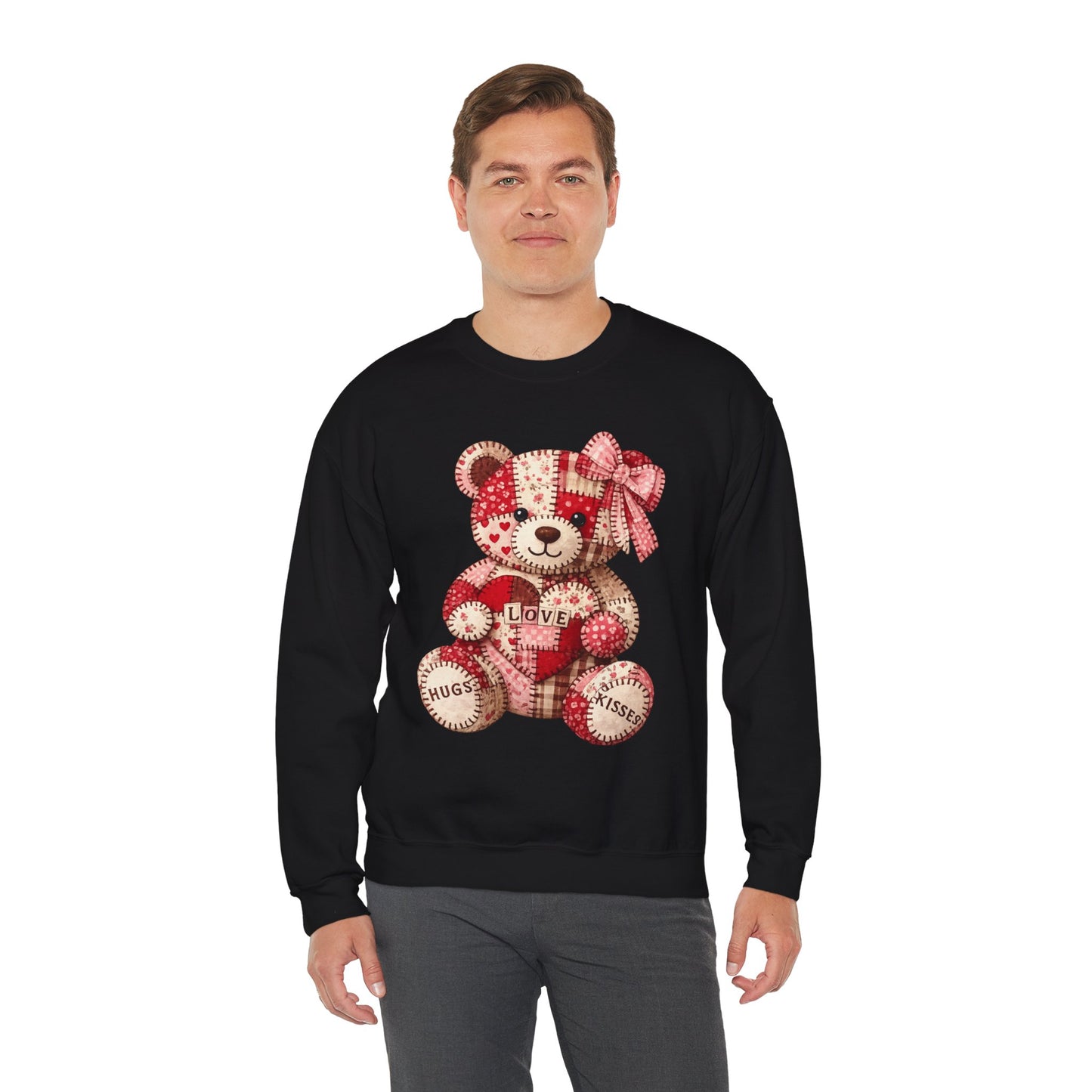 Valentine Patchwork Teddy Sweatshirt — 'Love' Hugs & Kisses Crewneck