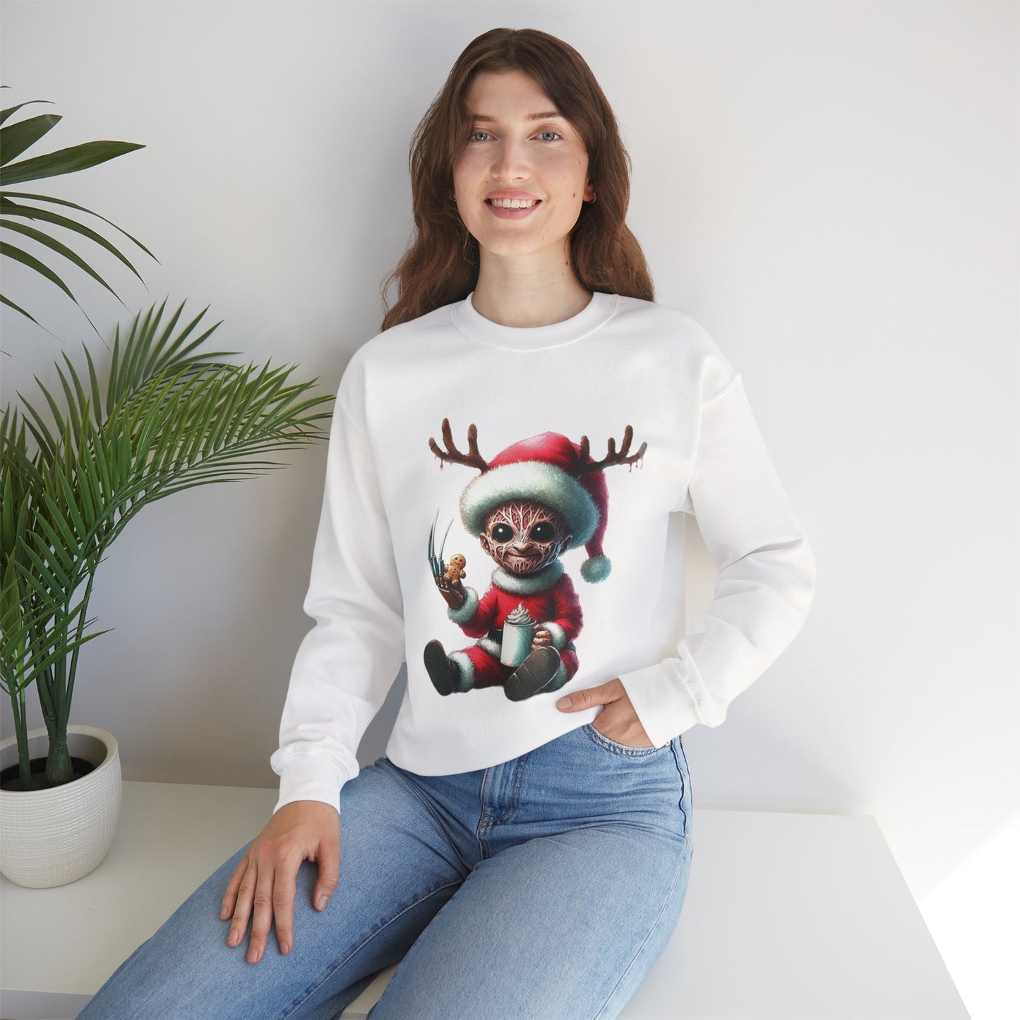 Christmas Cat Elf Sweatshirt — Cute Santa Kitten with Antlers Holiday Crewneck