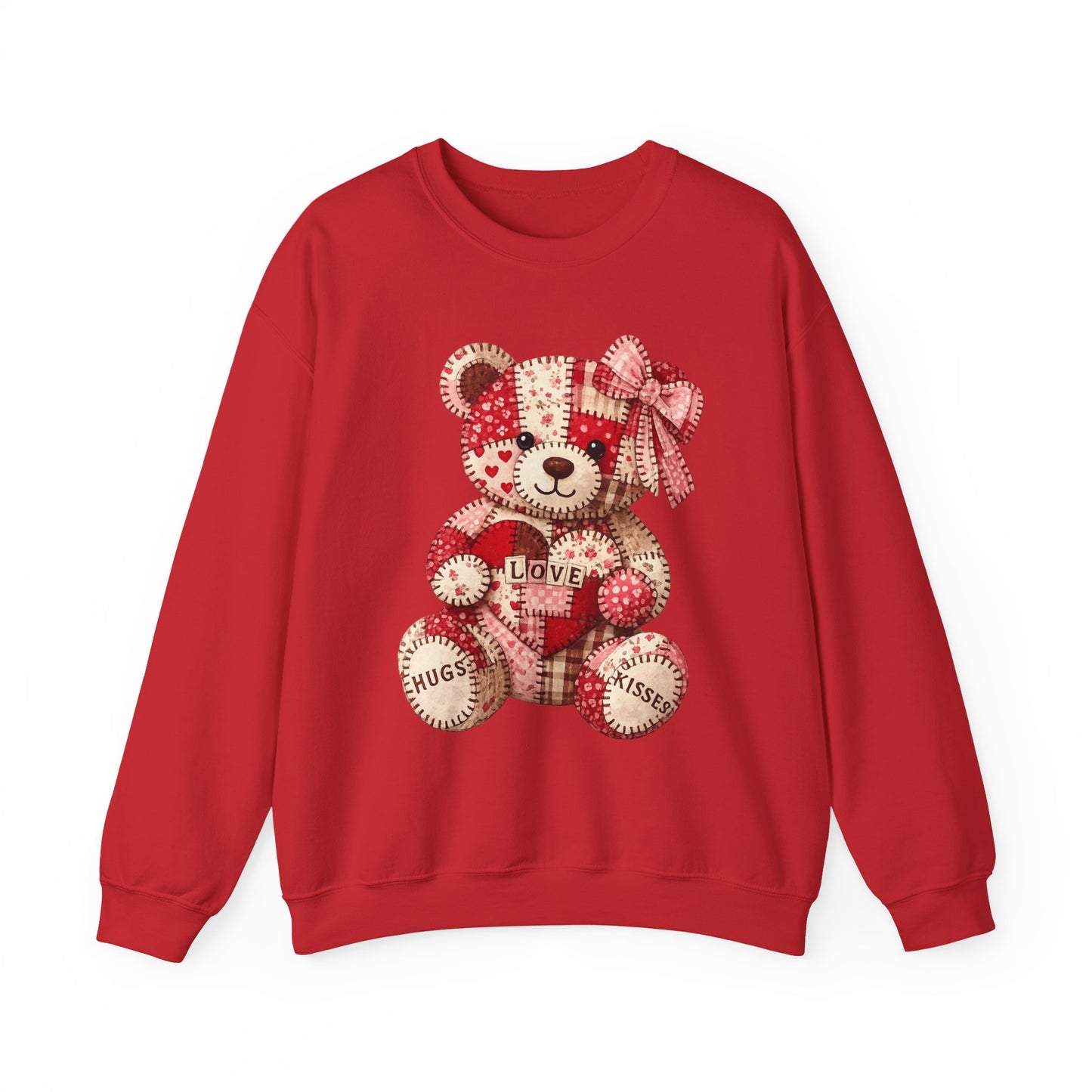 Valentine Patchwork Teddy Sweatshirt — 'Love' Hugs & Kisses Crewneck
