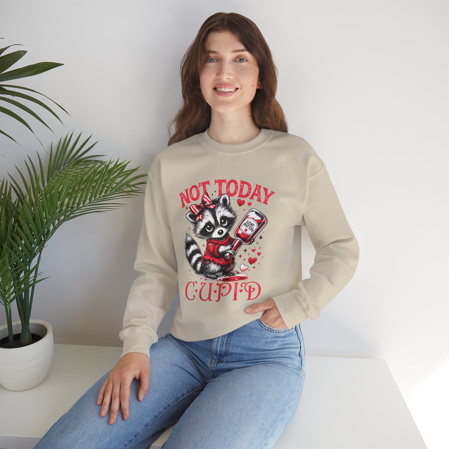 Not Today Cupid Sweatshirt — Cute Raccoon Anti-Valentine Crewneck