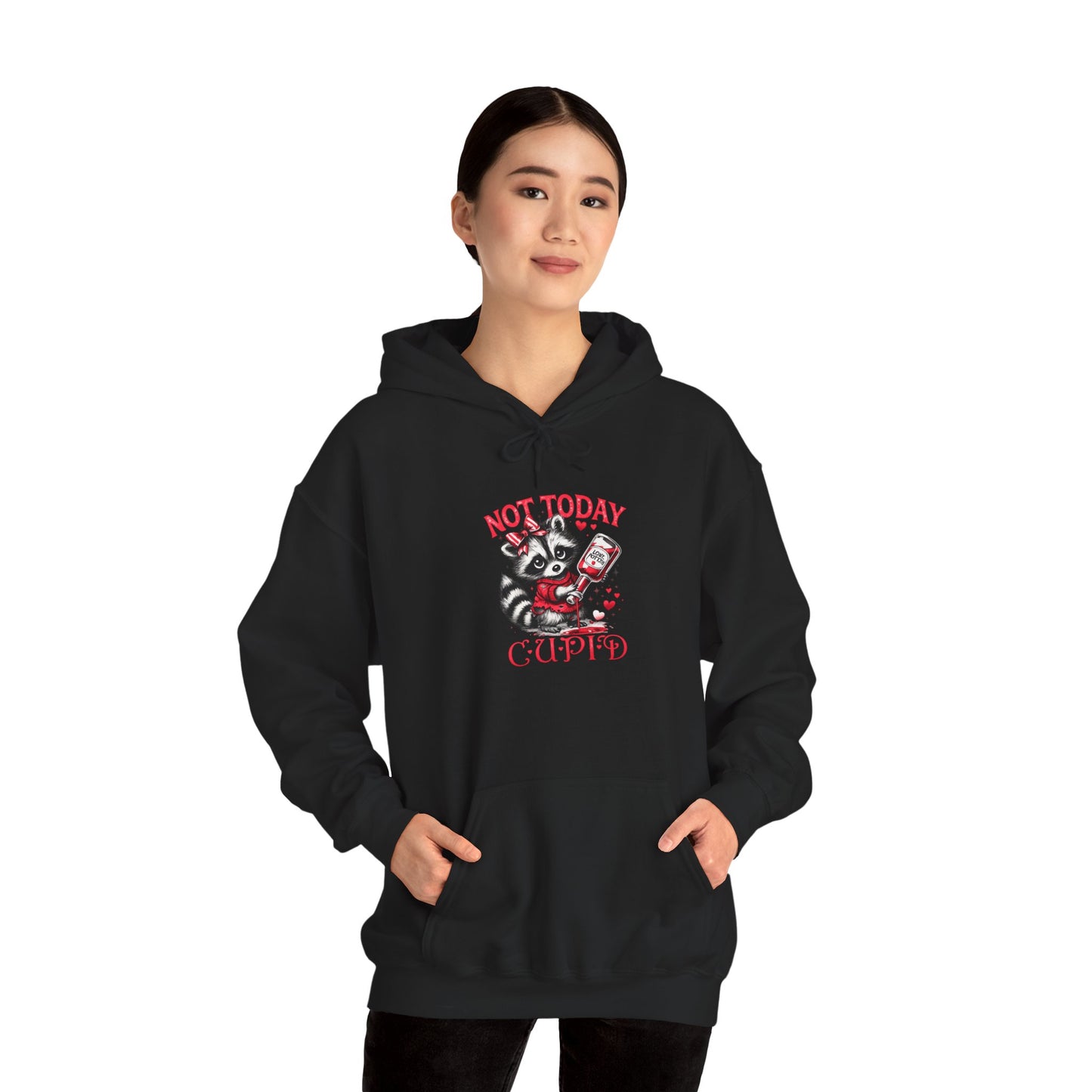 Not Today Cupido Raccoon Hoodie — Funny Valentine Anti-Love Sweatshirt