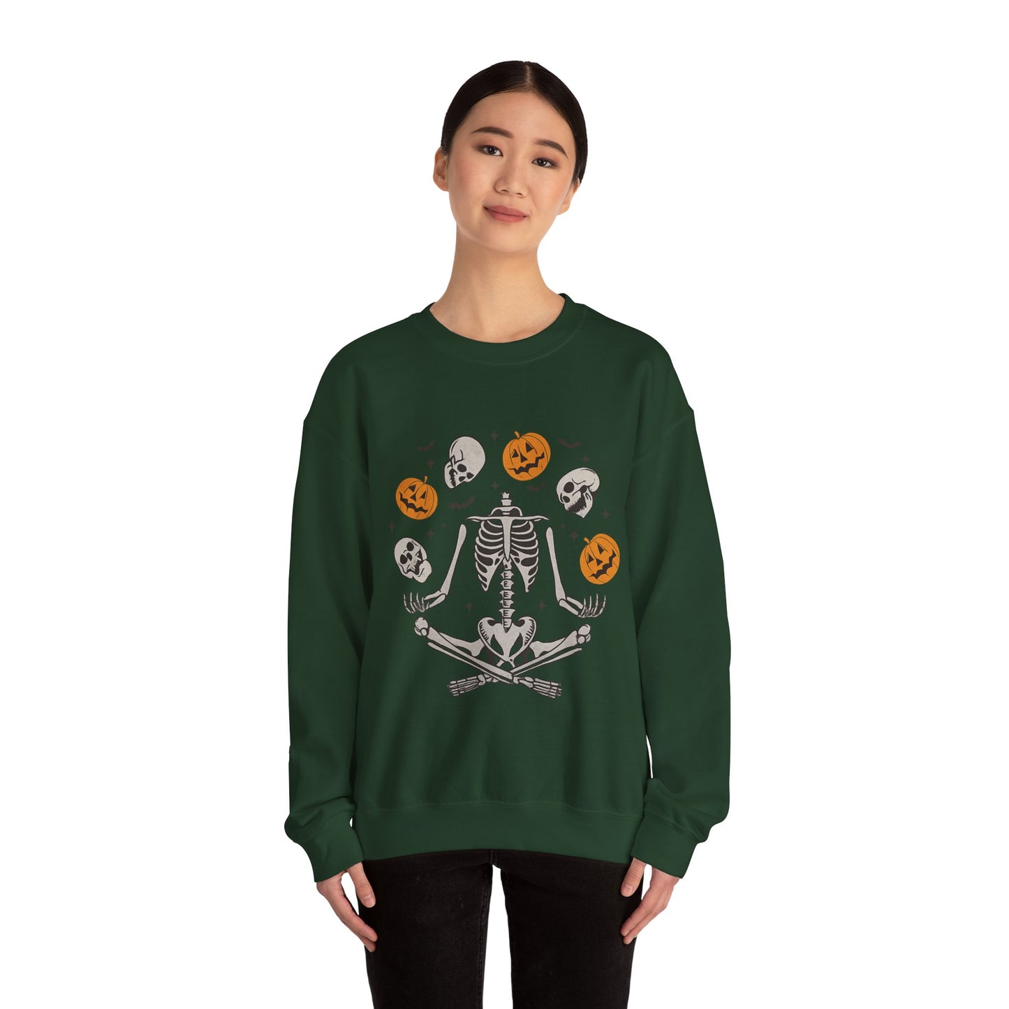 Halloween Skeleton Yoga Sweatshirt, Cute Autumn Apparel, Spooky Season Outfit, Unisex Cozy Crewneck, Gift for Halloween Lovers
