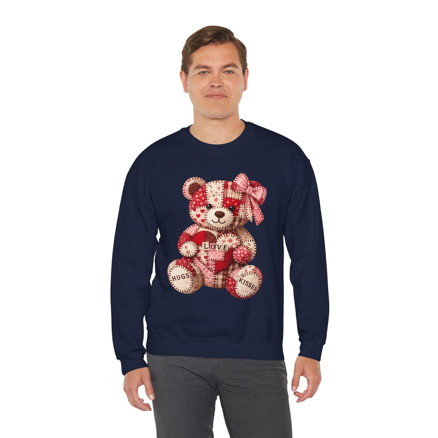Valentine Patchwork Teddy Sweatshirt — 'Love' Hugs & Kisses Crewneck