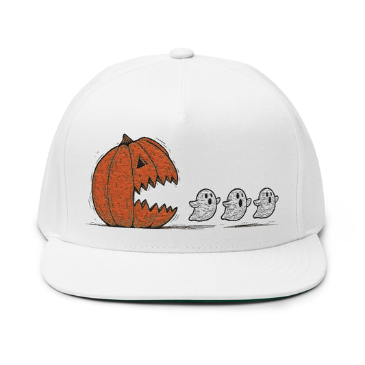 Halloween Pumpkin Ghost Flat Bill Cap, Spooky Hat, Embroidered Cap for Trick-or-Treat, Fun Costume Accessory, Fall Fashion, Gifting Ideas