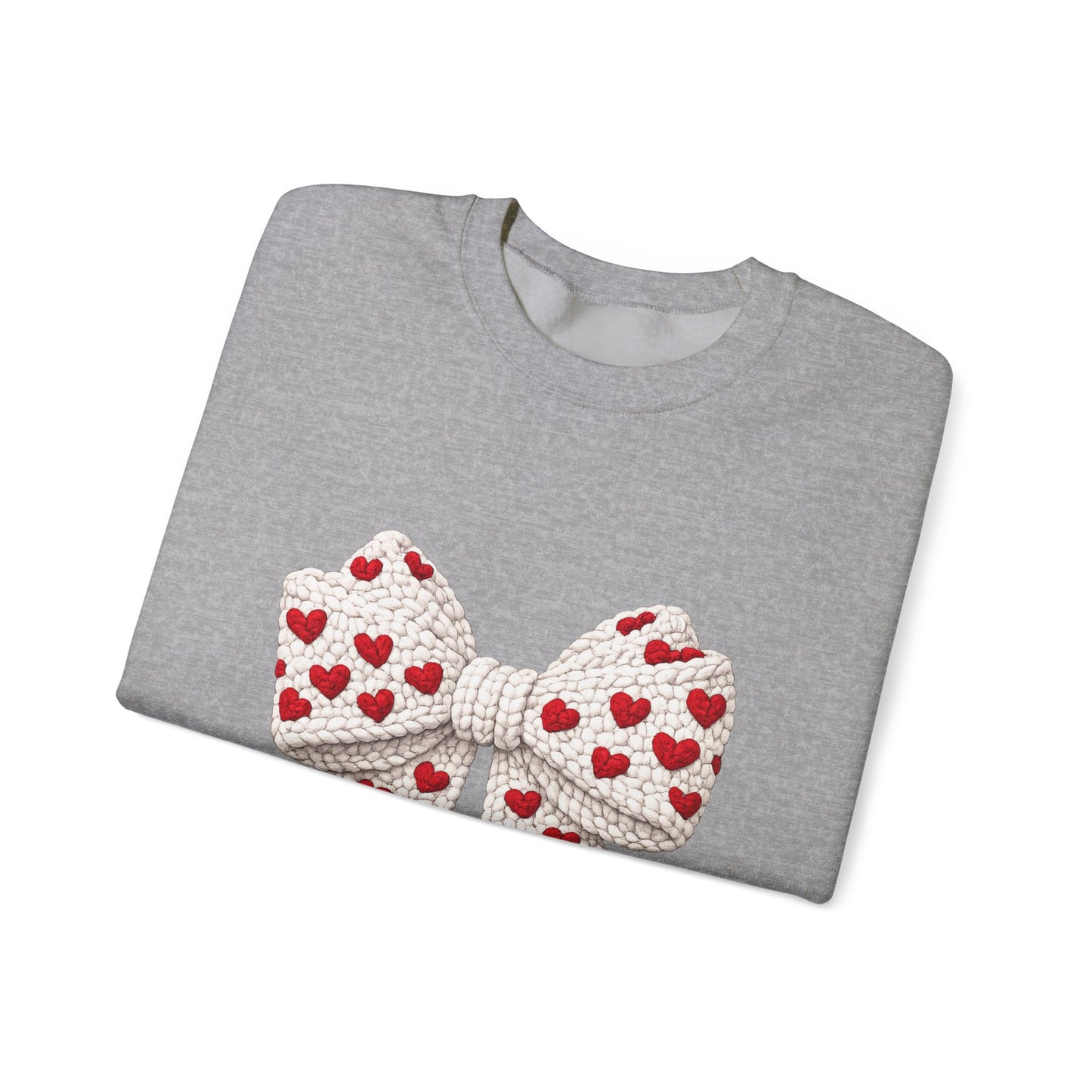 Crewneck Sweatshirt — Knit Heart Bow Graphic (Valentine’s Day, Cute Cozy Pullover)