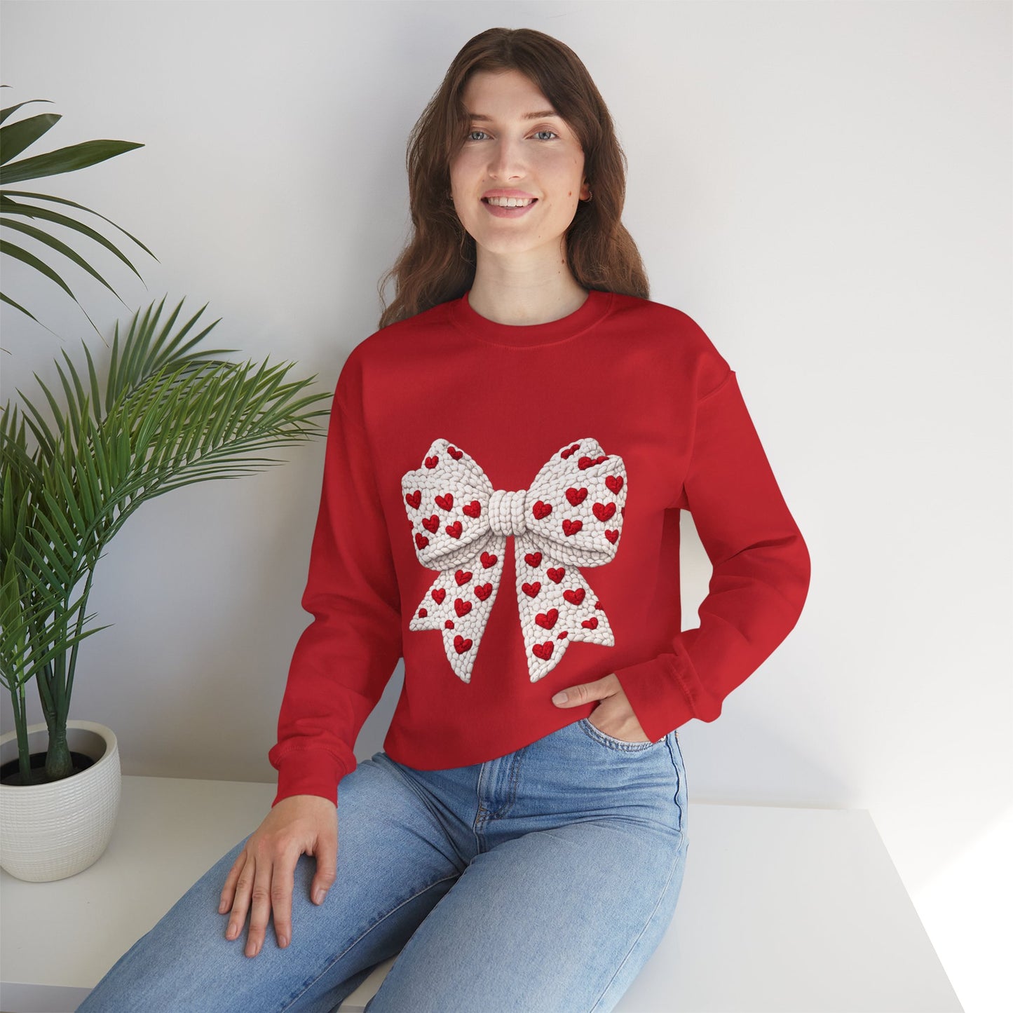Crewneck Sweatshirt — Knit Heart Bow Graphic (Valentine’s Day, Cute Cozy Pullover)