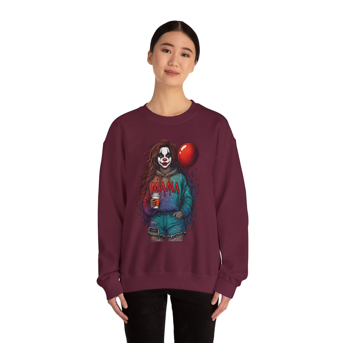Clown-themed Crewneck Sweatshirt for Moms, Cozy Gift for Mother's Day, Halloween Apparel, Trendy Casual Wear, Unique Graphic Top