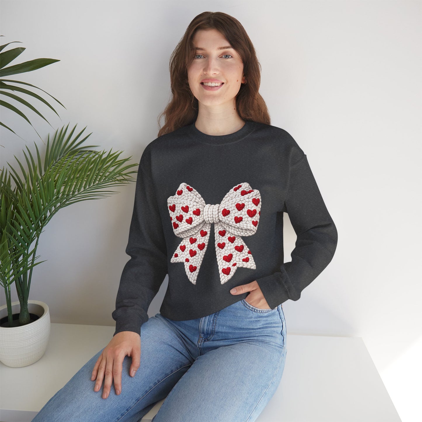 Crewneck Sweatshirt — Knit Heart Bow Graphic (Valentine’s Day, Cute Cozy Pullover)