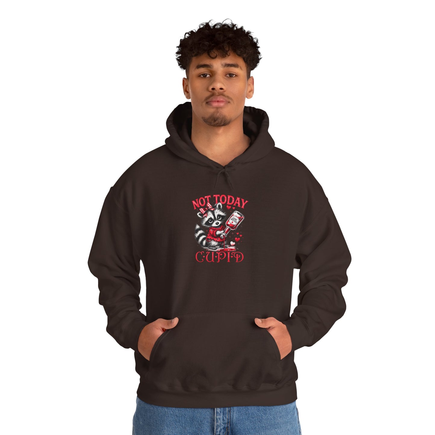 Not Today Cupido Raccoon Hoodie — Funny Valentine Anti-Love Sweatshirt