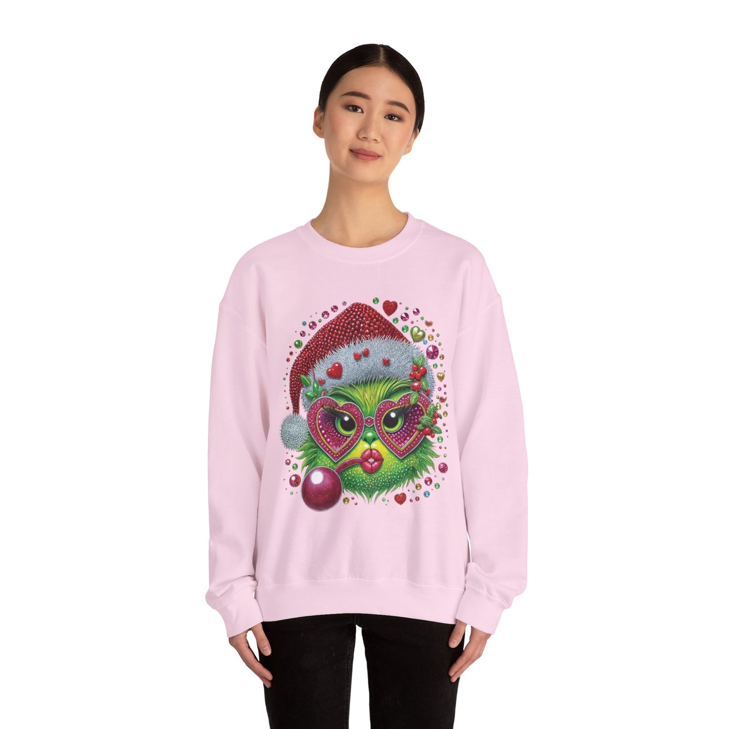 Christmas Grinch Cat Sweatshirt — Festive Santa Hat & Heart Sunglasses Holiday Crewneck